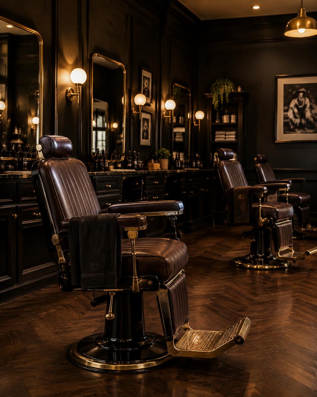 Salongens interiör med barberarstolar i läder